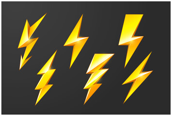Lightning bolts set, thunderbolt and short circuit icons, electric discharge and lightning strike, vector