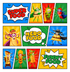 Retro comics cartoon mexican food superhero and defender characters. Vector super hero funny tex mex meal personages nachos, jalapeno, enchiladas or burrito with churros on half tone dotted background