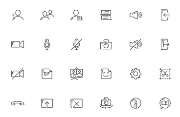 Videocall icons of conference video call interface menu, online chat UI vector line buttons. Videocall or user chat icons of microphone mute, incoming call and settings, file upload or send pictograms