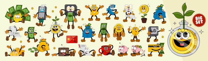 Big Set of comic characters in retro cartoon style. Cute comic gloved hands characters in cartoon 1930s style. Collection of comic characters on a business theme in retro cartoon style