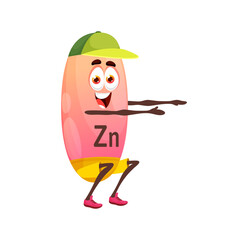 Cartoon zinc or zincus character doing squats. Isolated vector funny Zn micronutrient squatting in gym. Vitamin personage capsule fitness exercises, food supplement, chemical element healthy lifestyle