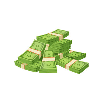 Cartoon paper banknotes, money cash isolated vector currency pile. Stack of green notes, design element for bank exchange service, casino jackpot, lottery win, savings, success, tresure and abundance
