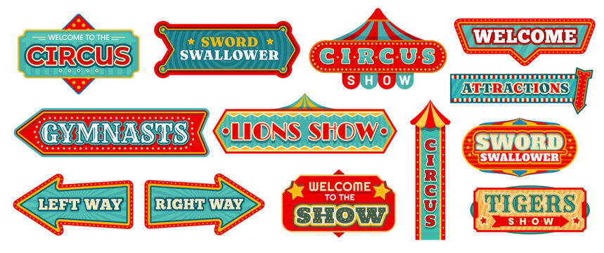 Circus carnival signs, retro arrow banners and vintage labels. Vector marquee signboards with fun fair top tents, stars and light bulbs. Circus show, party, chapiteau or funfair festival welcome signs