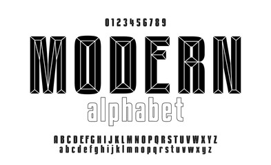 Monochrome chisel style alphabet and font. Uppercase, lowercase and numbers. Plain vector retro alphabet