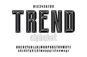 Monochrome chisel style alphabet and font. Uppercase, lowercase and numbers. Plain vector retro alphabet