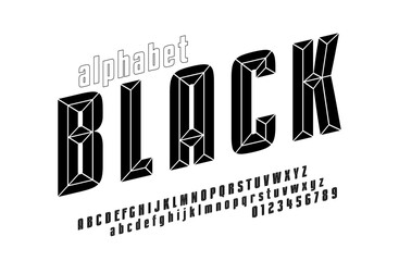 Monochrome chisel style alphabet and font. Italic uppercase, lowercase and numbers. Plain vector retro alphabet