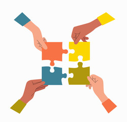 Different hands put together a puzzle. Flat style cartoon vector illustration.