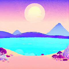 Digital art painting - sea and mountains tropical landscape. Simple forms illustration. Graphic drawing paradise resort in pastel colors.