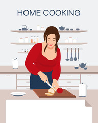 A woman is preparing food in the kitchen. A housewife slices bread. Banner. Flat design. Vector illustration