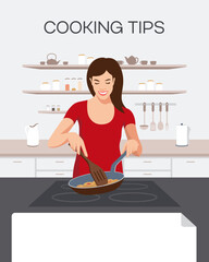 The girl in the kitchen prepares food at the stove with a frying pan in her hands. Banner. Flat design. Vector illustration