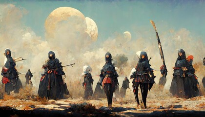 Cyber warriors in the desert. Samurai clan on alien planet