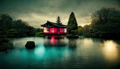 Japanese garden with cherry blossom, sakura, houses reflecting in the lake