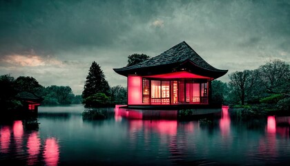 Obraz premium Japanese garden with cherry blossom, sakura, houses reflecting in the lake