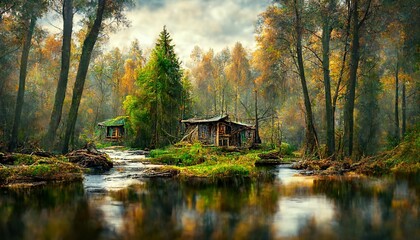 Obraz premium Old dilapidated house with lake, mountain landscape