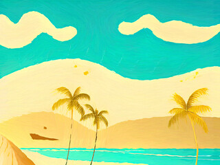 Digital art painting - sea and mountains tropical landscape. Simple forms illustration. Graphic drawing paradise resort in pastel colors.