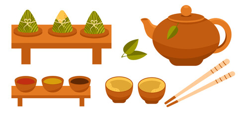 Dragon boat event set. Rice dumplings,Traditional Chinese clay teapot and tea cups with sauce and chopsticks. Vector illustration, collection in flat design