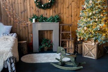 Living room in Scandinavian style with a Christmas decor. Holiday background. New Year