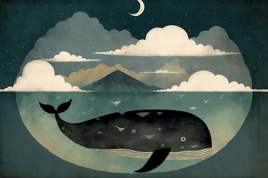 Whale flying in the sky. cloud. fantasy. minimal. cute.