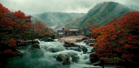 Natural hot spring bath surrounded by mountains, japanese onsen - obrazy, fototapety, plakaty
