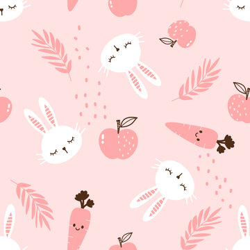 Seamless pattern with bunny rabbit cartoons, apple, branch and carrots on pink background vector. © Thanawat