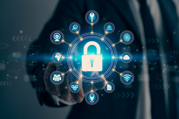 Businessman Hand and Finger Touching Screen and Blue Lock Security Sign in Vintage Tone