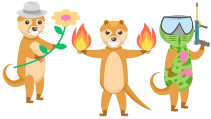 Fotobehang Aap Set Abstract Collection Flat Cartoon Different Animal Otters With Flower And Hat, Playing Paintball, With Fire In Each Hand Vector Design Style Elements Fauna Wildlife