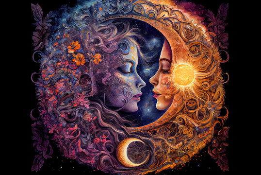 Fantastic magical fairy tale landscape with moon and sun. spring equinox, Day and night are inseparable. duality concept. magic background. vintage style illustration	
