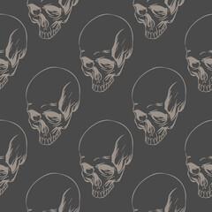 Dark pattern of inscribed skulls, gloomy ornament for print. Vector illustration