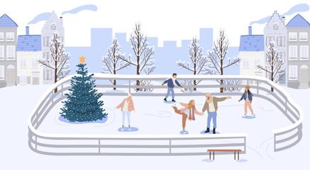 Crowd of people skating at winter ice rink. Сity outdoor winter activity on vacation. Man and woman having fun. Urban landscape. Vector illustration in flat style