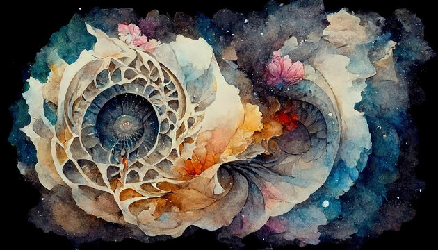 I am the universe, different watercolors based on meditation, yoga and connection to the world, background, pastel colors with black, illustration, generative AI