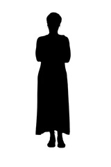 silhouette  of afront view of a middle aged woman looking at camera and arms crossed on white background