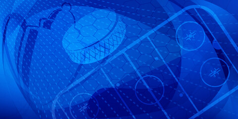 Abstract background in blue colors with different hockey symbols such as puck, stick, ice rink, cup