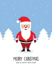 christmas greeting card with santa claus on winter landscape