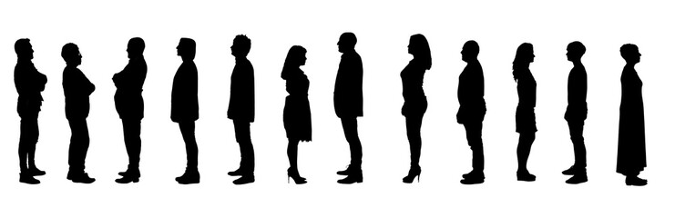 Fototapeta na wymiar line of silhouette of a group of people standing seen from the side on a white background