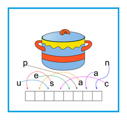Puzzle game for children. Cartoon saucepan vector. Read the word. Vector illustration for kids education. Flat design