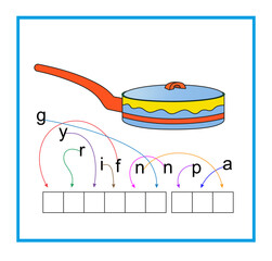 Puzzle game for children. Cartoon frying pan vector. Read the word. Vector illustration for kids education. Flat design