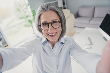 Photo portrait of mature lovely woman executive manager take selfie cheerful video meeting success...