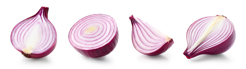 Set of various sliced pieces of red onion