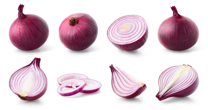 Set of various whole and sliced red onions