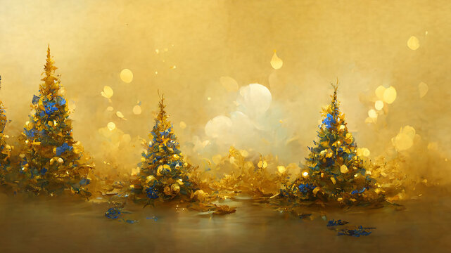 blue and gold christma trees forest on golden background christmas card with ornaments, decorations. Golden and teal painted shiny and bright season greetings background