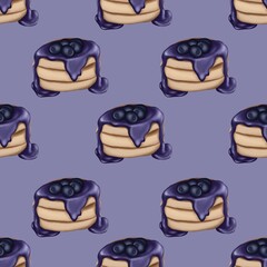 Seamless pattern with blueberry pancakes. Food illustration isolated on purple background.Digital paper,Scrapbook, Fabric and Textile,