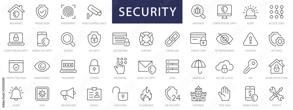 Poster security & protection thin line icons set. security editable stroke icons. vector