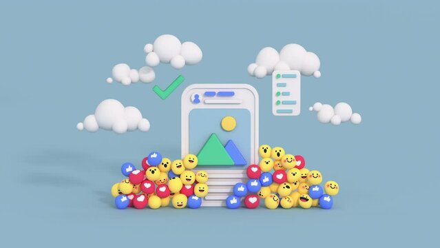 Photo and video social media platform concept. Unique design emojis. Minimal 3D render animation