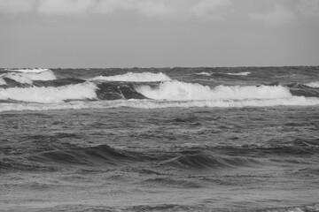 Waves on the sea in black and white