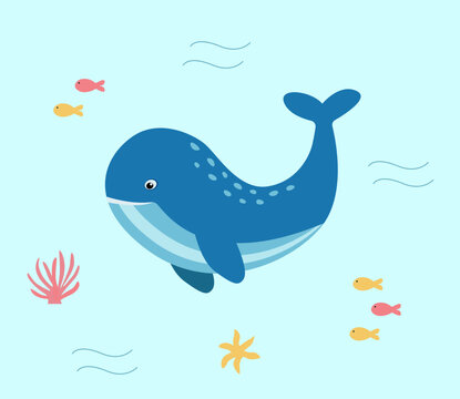Cute cartoon whale swims with fish, starfish and corals. Vector illustration of ocean life.