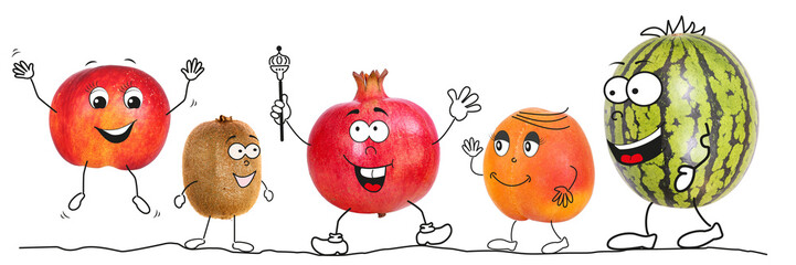 Organic fruits as comic figures 5, transparent background