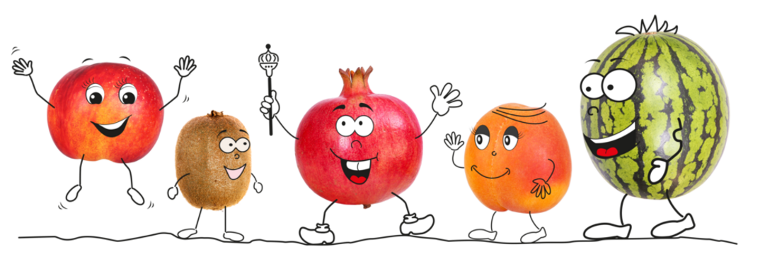 Organic fruits as comic figures 5, transparent background - Powered by Adobe