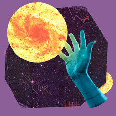 Human hand reaches out to an unknown planet. Contemporary art collage. Inspiration, idea,...
