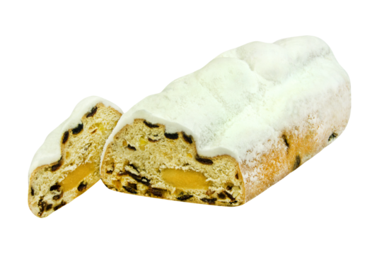 Weihnachtsstollen mit Marzipan und Puderzucker   Hintergrund transparent PNG cut out