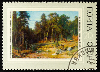 Postage stamp 'Pine Forest, I.I.Shishkin, 1872' printed in USSR. Series: 'Centenary of the...